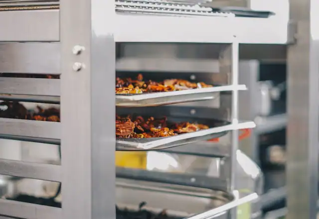 Commercial oven with several trays of food inside for equipment and facilities