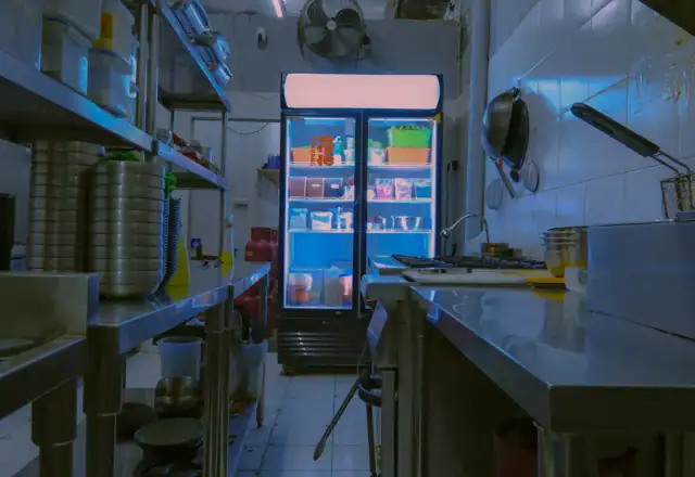 Stainless steel kitchen with a brightly lit commercial refrigerator for full-time kitchen